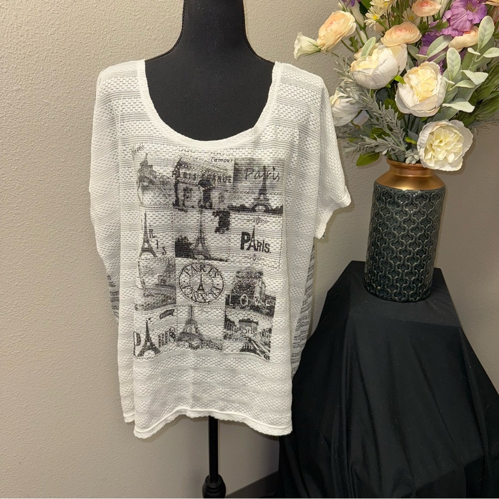 Cato Paris Eiffel Tower Knit Top Gray White Dolman Short Sleeve Blouse